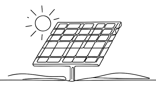 Un dibujo de línea continua de panel solar con sol energía limpia verde y recursos renovables en estilo lineal simple