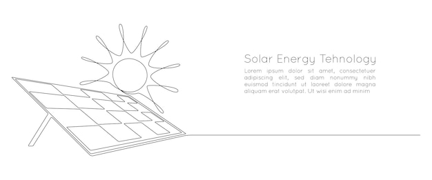 Un dibujo de línea continua de panel solar con sol energía verde y recursos renovables en estilo lineal simple estación de energía y concepto de ecología de ahorro trazo editable doodle vector ilustración