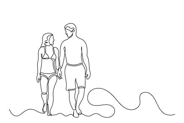 Dibujo en línea continua de una pareja feliz caminando por la playa y el mar Concepto de vacaciones de verano