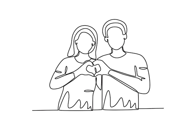 Un dibujo de línea continua de una pareja haciendo un símbolo de amor con sus manos