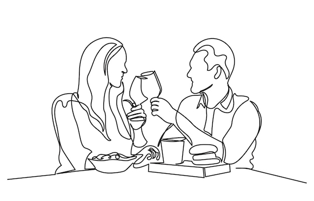Dibujo de línea continua de una pareja romántica en un restaurante almorzando una línea de pareja comiendo