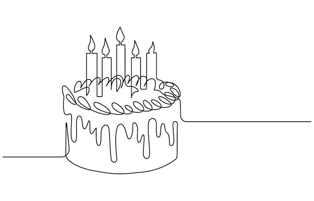 Dibujo de línea continua de un pastel de cumpleaños con vela Dibujo en línea continua de Feliz cumpleaños