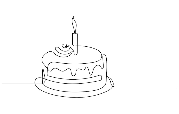 Dibujo de línea continua de un pastel de cumpleaños con vela Dibujo en línea continua de Feliz cumpleaños