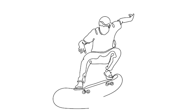 Un dibujo de línea continua de un patinador joven adolescente Un patinador de línea única saltando