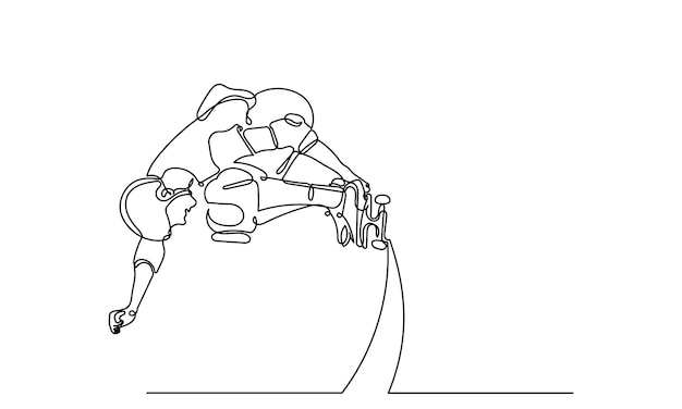 Un dibujo de línea continua de un patinador joven adolescente Un patinador de línea única saltando