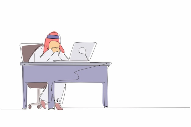 Dibujo de línea continua pensativo hombre de negocios árabe trabajando en una computadora portátil hombre frustrado
