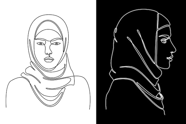 Dibujo de línea continua del perfil facial de una mujer musulmana visto desde la ilustración de vector lateral