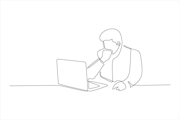 Un dibujo de línea continua de una persona pensando mientras trabaja en una computadora portátil