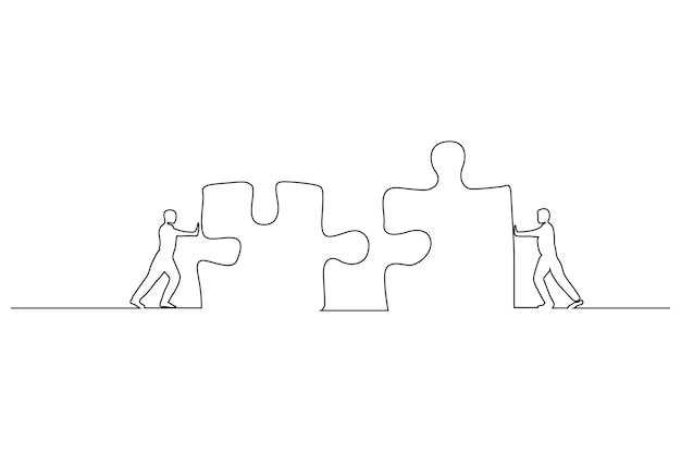 Dibujo de línea continua de la persona que combina dos piezas del concepto de cooperación de rompecabezas Vector Premium