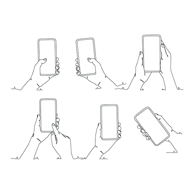 Dibujo de línea continua de la persona que sostiene el teléfono inteligente con la mano que sostiene el teléfono inteligente
