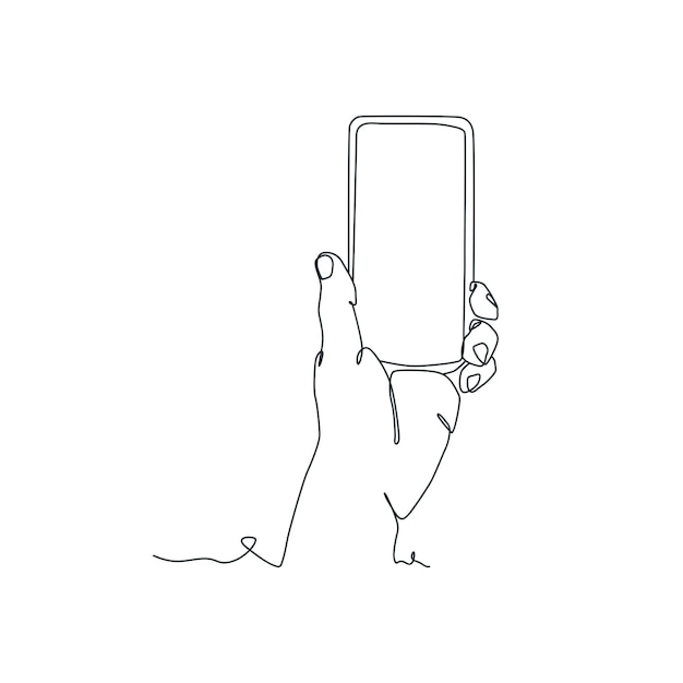 Dibujo de línea continua de la persona que sostiene el teléfono inteligente con la mano que sostiene el teléfono inteligente