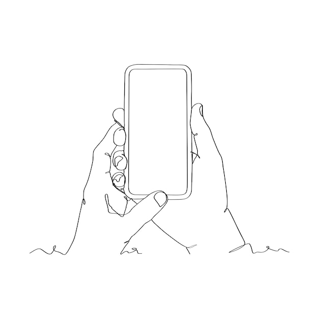 Dibujo de línea continua de la persona que sostiene el teléfono inteligente con la mano que sostiene el teléfono inteligente