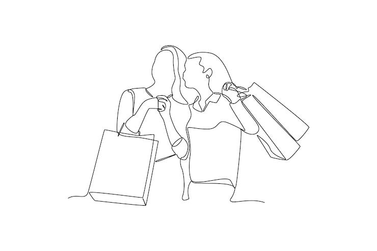 Vector un dibujo de línea continua de personas felices comprando en el centro comercial concepto de compras vector doodle