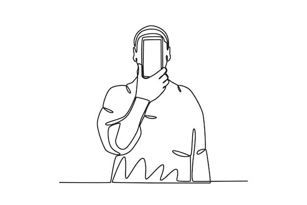 Un dibujo de línea continua de personas que usan teléfonos móviles con Face ID o biométricos como People us
