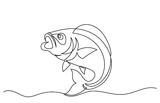 Dibujo en línea continua de un pez bajo saltando fuera del agua Ilustración simple de un pez de agua salada