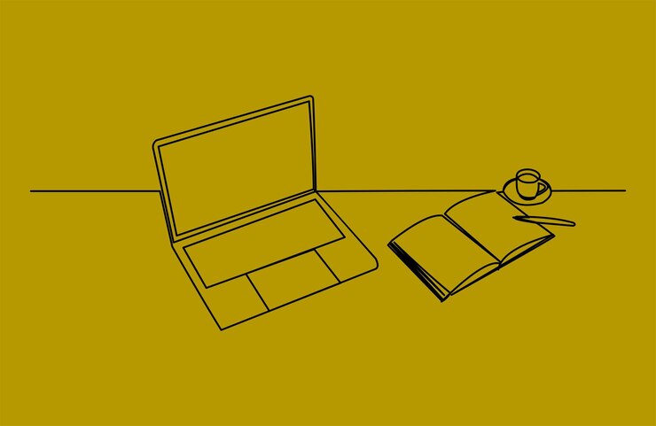 Vector dibujo de línea continua de pila de computadora portátil de libro y una taza de ilustración de vector de café