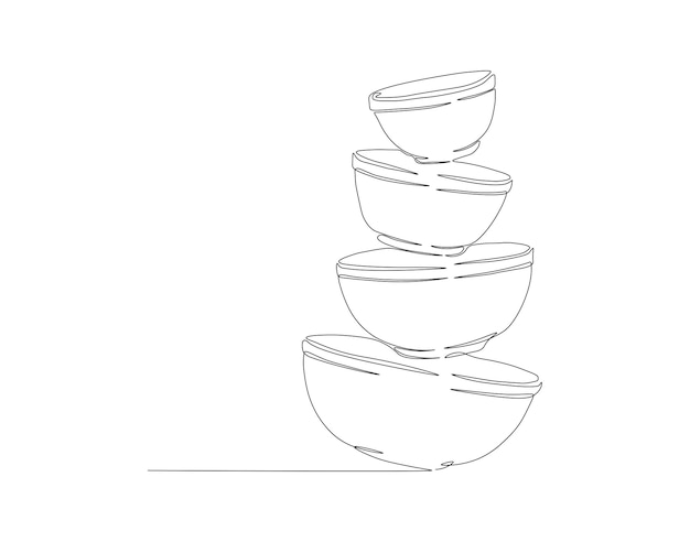 Dibujo de línea continua de una pila de cuencos Una línea de cuencos Concepto de utensilios de cocina Arte de línea continua Esbozo editable