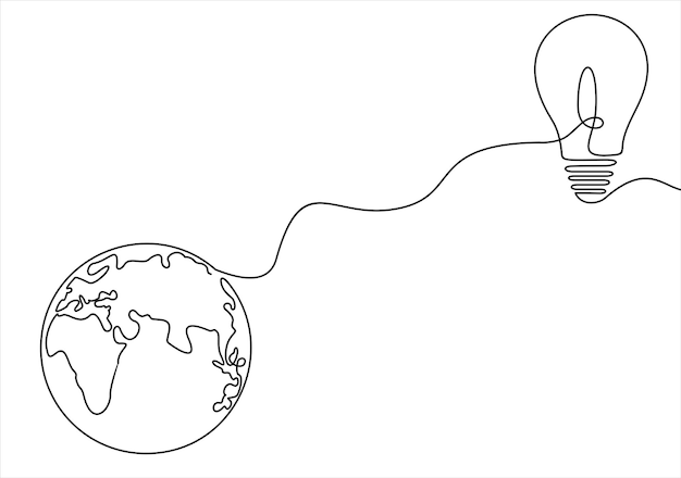 dibujo de línea continua del planeta tierra como una bombilla