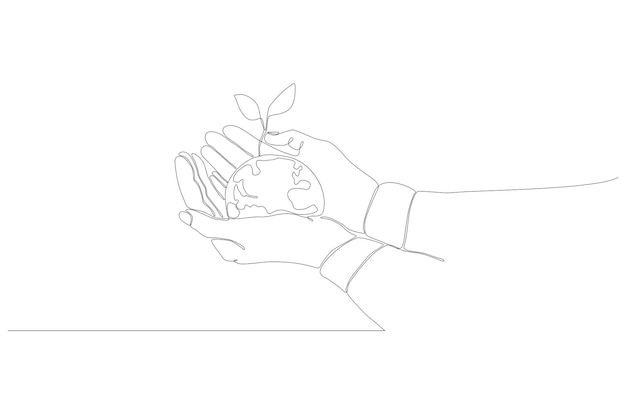El dibujo de línea continua de la planta crece en la ilustración de vector de concepto de ecología de mano Vector Premium