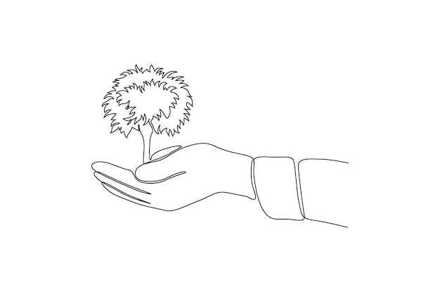 Dibujo de línea continua de una planta que crece en la ilustración de vector de vida ecológica de mano Vector Premium