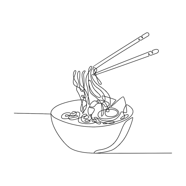 Dibujo de línea continua de plato de sopa de fideos ramen servido con tazón y vector de palillos