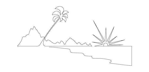 Un dibujo de línea continua de playa con palmera Paisaje tropical abstracto con mar y nubes en estilo lineal simple Vacaciones de viaje en trazo editable Ilustración vectorial de contorno de Doodle
