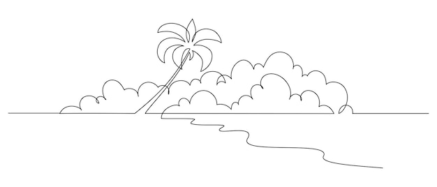 Un dibujo de línea continua de playa con palmera Paisaje tropical abstracto con mar y nubes en estilo lineal simple Vacaciones de viaje en trazo editable Ilustración vectorial dibujada a mano de Doodle