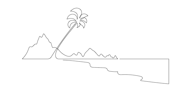Un dibujo de línea continua de playa con palmera Paisaje tropical abstracto con mar y nubes en estilo lineal simple Vacaciones de viaje en trazo editable Ilustración vectorial panorámica de Doodle