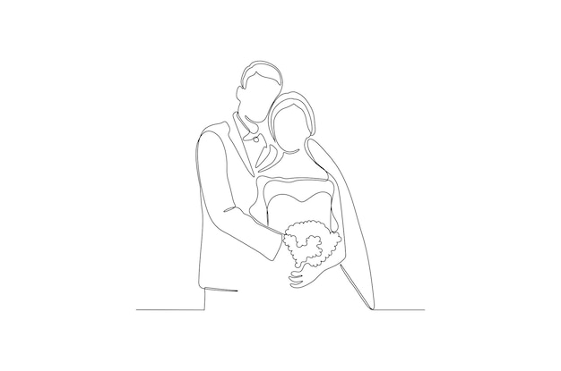 Dibujo de línea continua de una pose romántica de ilustración de vector de pareja de novios Vector Premium