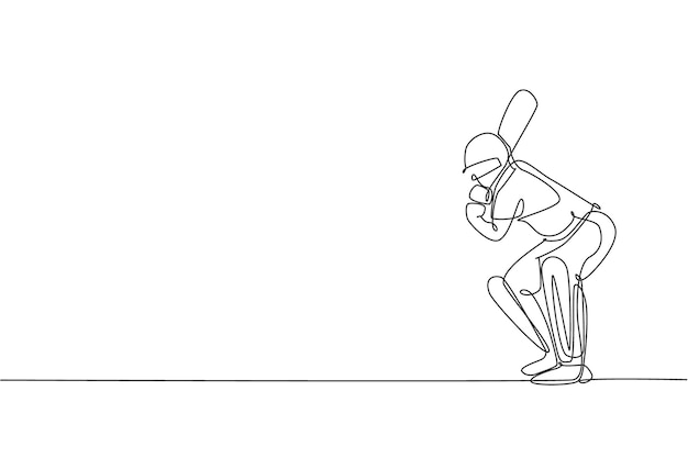 Un dibujo de línea continua de la postura de un jugador de cricket parado para recibir la pelota de un lanzador