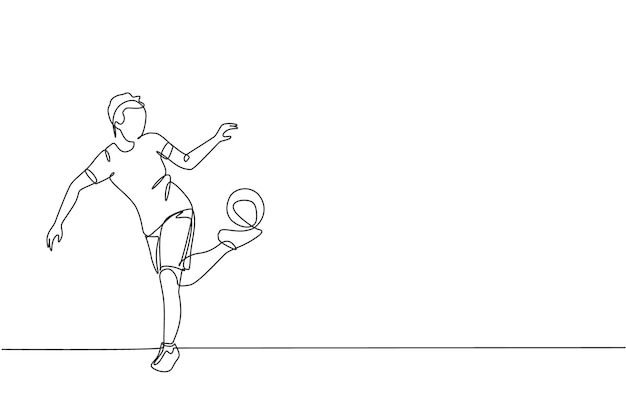 Dibujo de una línea continua de la práctica de freestyler de fútbol de hombres jóvenes para sostener la pelota con las plantas de los pies