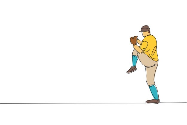 Un dibujo de línea continua de la práctica del lanzador de béisbol deportivo para golpear la pelota Vector de diseño