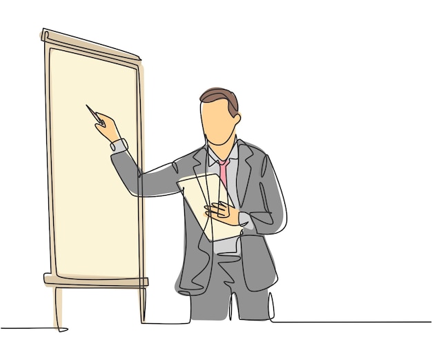 Un dibujo de línea continua del presentador empresario dibujando un gráfico en el tablero de la pantalla mientras se encuentra en una reunión