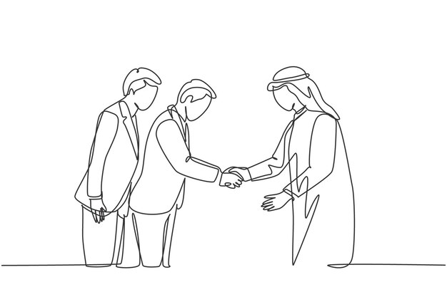 Un dibujo de línea continua de un proyecto de negocio musulmán en un vector de diseño de reuniones de negocios