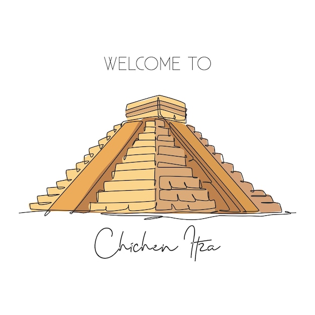 Un dibujo de línea continua el punto de referencia de la pirámide maya de Chichen Itza. Lugar icónico del mundo en Yucatán, México. Decoración de paredes de vacaciones concepto de arte de cartel de impresión. Diseño de dibujo de una sola línea ilustración vectorial