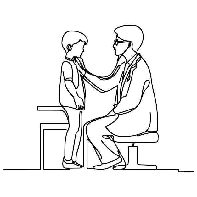 Dibujo de línea continua que un niño está revisando por la ilustración de vector de médico Vector Premium