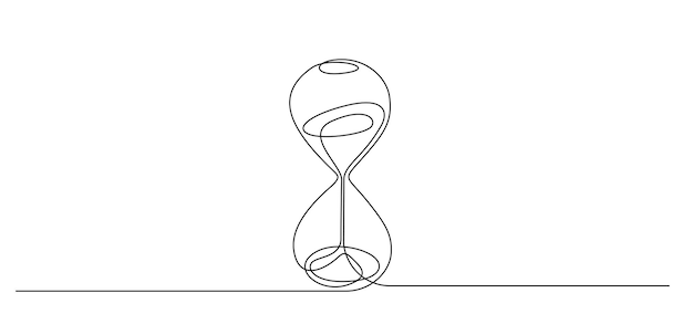 Un dibujo de línea continua de reloj de arena con arena fluida. temporizador retro como concepto de paso del tiempo para fecha límite comercial en estilo lineal simple aislado sobre fondo blanco. ilustración de vector de doodle