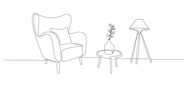 Un dibujo de línea continua de sillón y lámpara y planta en maceta Muebles rústicos modernos para el interior de la sala de estar en estilo lineal simple Trazo editable Doodle Vector ilustración