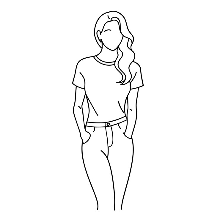 Vector un dibujo de línea continua de silueta de mujer abstracta en camiseta y vaqueros