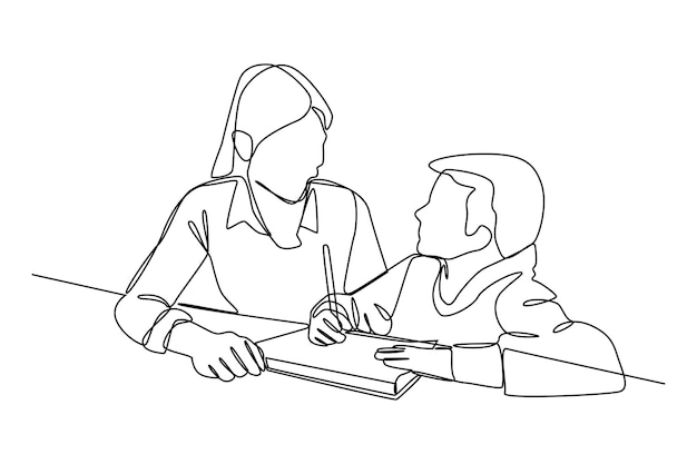 dibujo de línea continua simple de la discusión de un joven estudiante con su maestro Concepto minimalista de educación ilustración de vector de línea simple