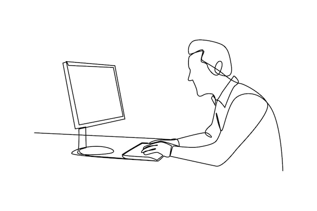 Dibujo de línea continua simple de un hombre que usa computadora para el trabajo Tecnología concepto minimalista tecnología línea simple vector de línea continua