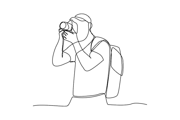 Dibujo de línea continua simple de un hombre toma fotos de los alrededores línea creativa línea simple
