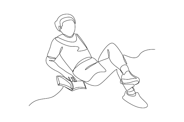 Dibujo de línea continua simple de joven tomar un descanso y mientras lee un libro descanso de línea simple y disfrutar de la vida concepto minimalista