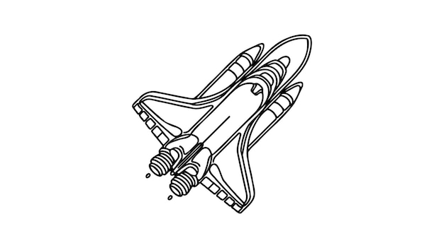 Un dibujo de línea continua de una simple nave espacial retro que vuela hacia la nebulosa del espacio exterior