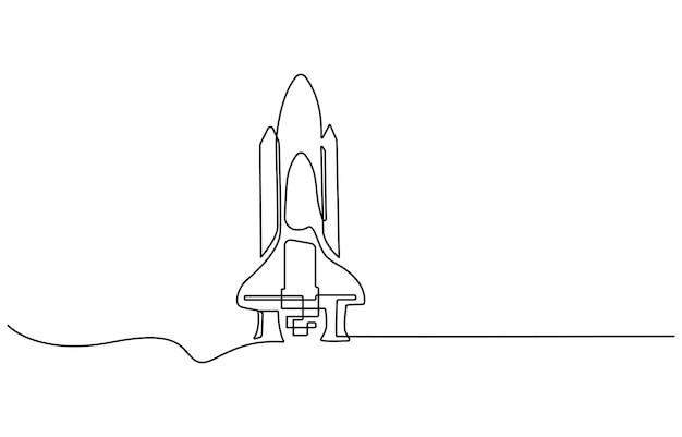 Un dibujo de línea continua de una simple nave espacial retro que vuela hacia la nebulosa del espacio exterior