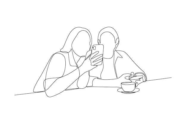 Dibujo de línea continua simple de una pareja tomando selfies mientras se pasean en un café Concepto minimalista de línea simple