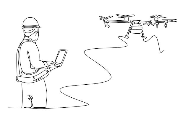 Dibujo de línea continua simple de Técnico agricultor uso agricultura dron medicina moderna tecnología concepto minimalista Icono de la tecnología Línea simple
