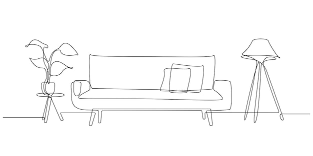 Un dibujo de línea continua de sofá con lámpara y planta de hoja caduca en maceta. Inicio muebles modernos de sofá con dos almohadas en estilo lineal simple. Ilustración de Vector de trazo editable.