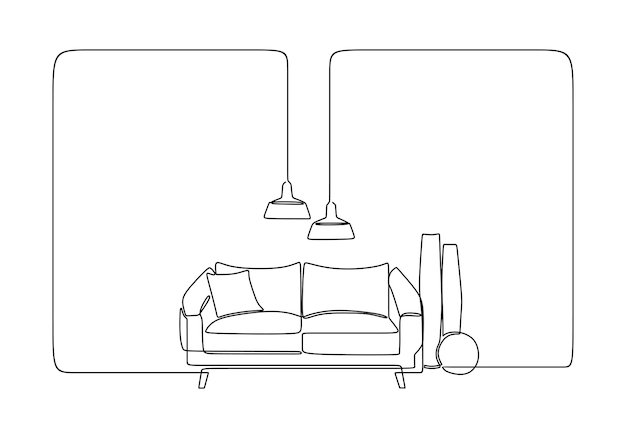 Dibujo de línea continua de sofá con lámpara.