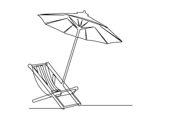 Dibujo de línea continua de sombrilla de playa tropical sillas de playa a rayas y zapatillas de estrella de mar playa